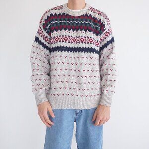 Vintage American Spirit Gray Wool Blend Fair Isle Cabincore Eclectic Sweater L